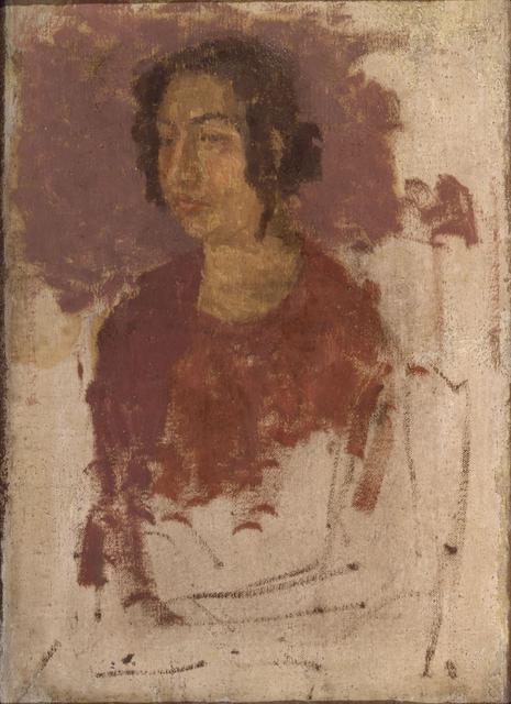 Head and bust of woman with dark hair in berry colored dress with bare canvas 