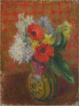 Red, white, yellow and blue flowers in yellow vase in front of red checled wallpaper