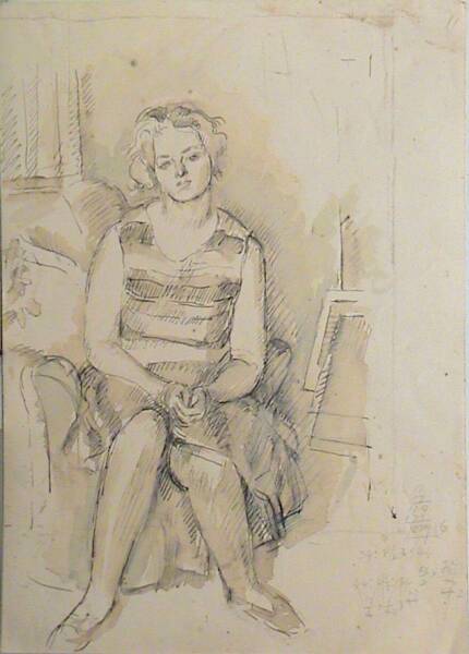 Woman with striped dress seated on armchair in artist's studio