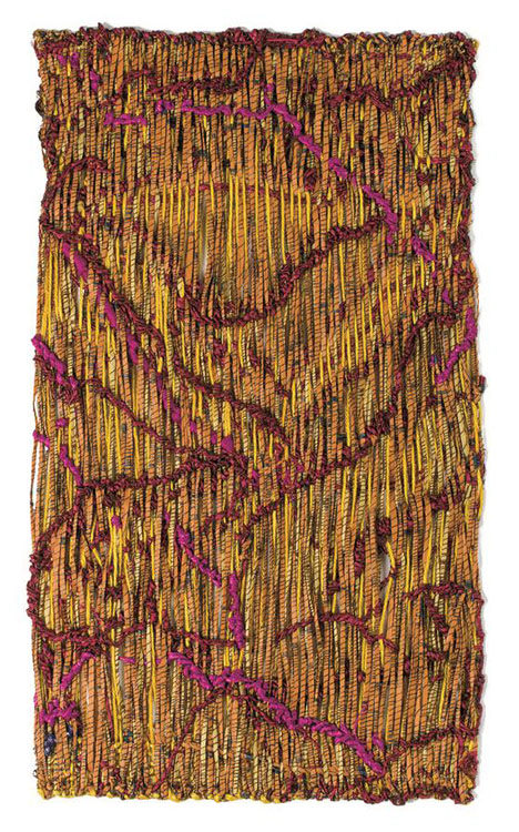 Dark yellow weaving with criss crossing magenta curvy lines