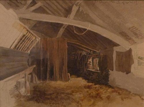 Room with curved ceiling, beams, hanging cloths, and hay on floor