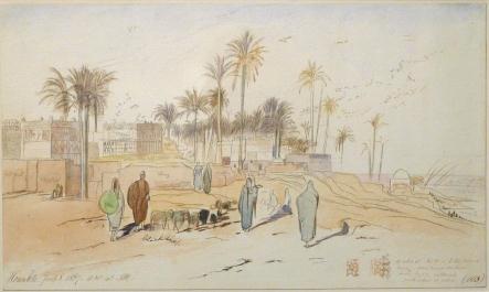 Figures in long robes on banks of river with palm trees and buildings at horizon