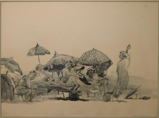 Group of figures on the beach with umbrellas