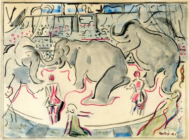Three elephants in circus with audience of figures looking in