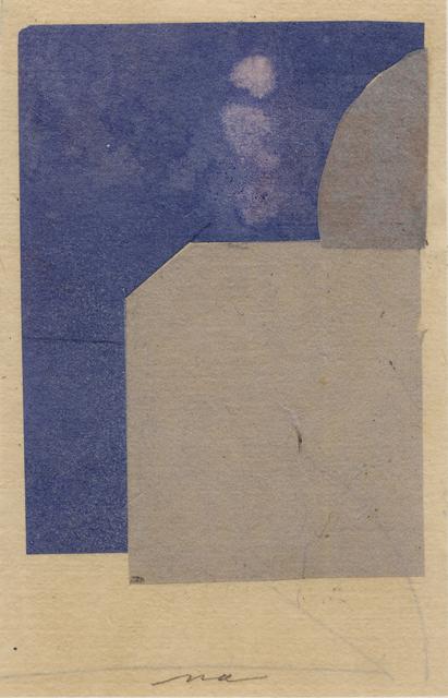 Large blue shape with grey rectangle and quarter oval at right on tan paper