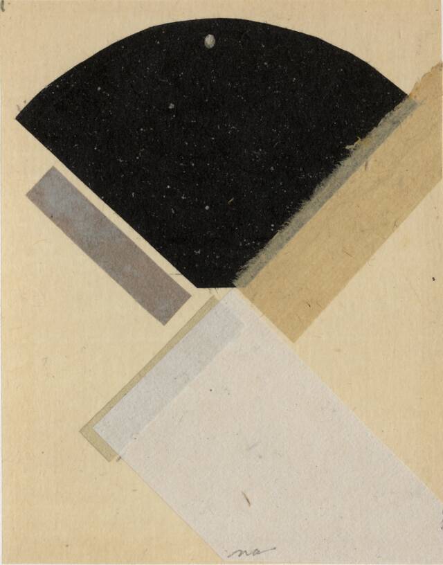 Black triangle at top with white rectalge at gottom and grey and beige rectagles around