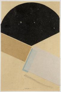 Black shape at top center with tan recntagle, blue  and white rectangles below on tan paper