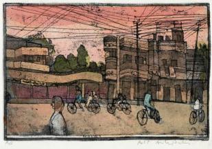 Cityscape street with bicycles, buildings, and telephone wires
