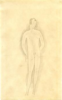 Standing male nude at center in contrapposto stance on tan paper