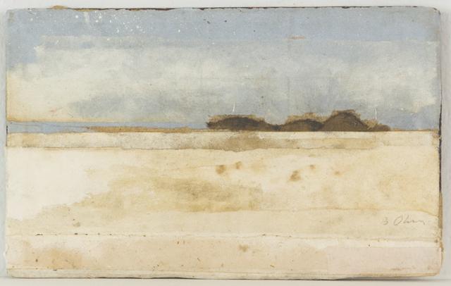 Landscape with sandy forefront and blue horizon with trees at right on horizon