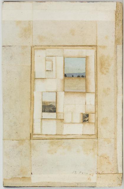 Small landscape at center right with smaller rectangles with tan paper frame