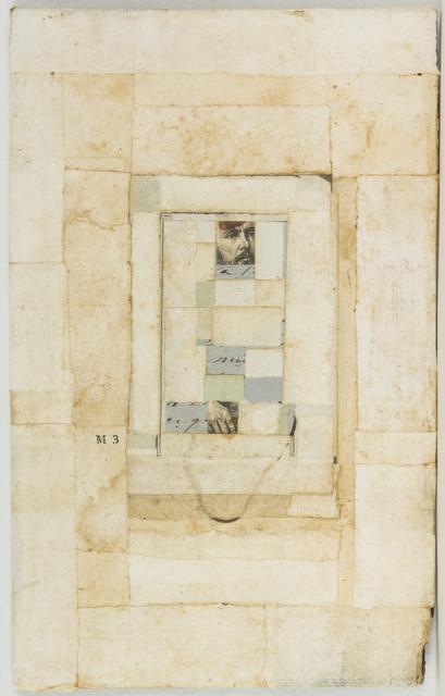 Small head and hand with cream, blue, and green squares with tan recntagles around in paper frame