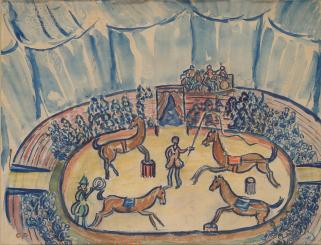 Four horses in center of ring with fans watching in blue tent