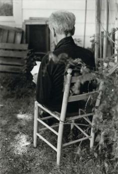 Man seated in wooden chair facing away with tree branches and wooden crates around