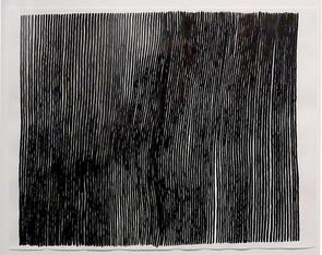 Black and grey vertical lines on paper modulating to imply curvature 