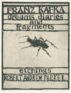 Black bug at center with text about Kafka and etchings at top and bottom