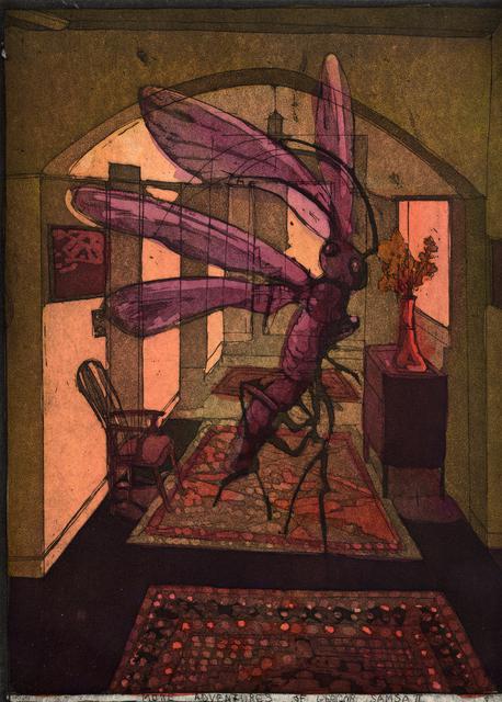 Purple winged bug in rroom with ornate crpets and arched doorway