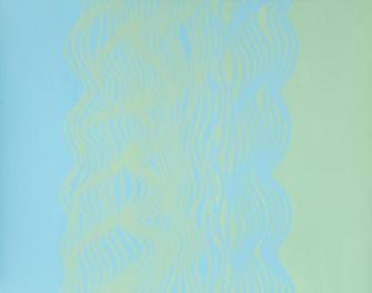 Abstract painting on paper or blue and green vertical wavy lines