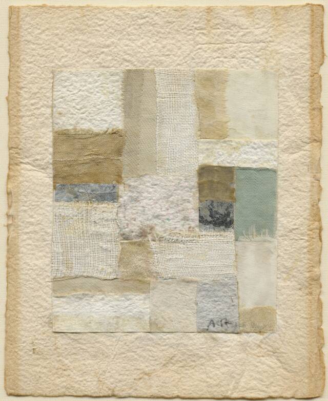 Abstract collage of muted beiges, browns, and blues in square and rectangular shapes