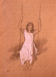 Woman in white dress on swing