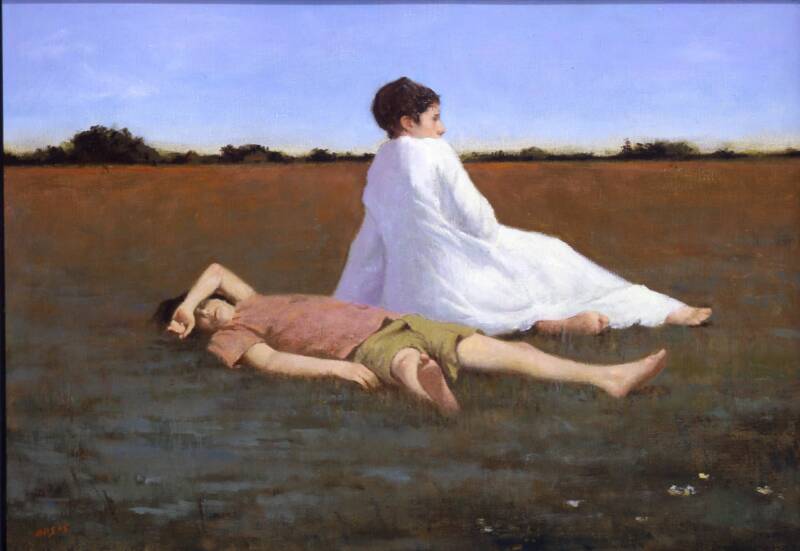 Figure in red shirt and green shorts laying in field with arm covering eyes, next to seated woman in white looking towards right in landscape