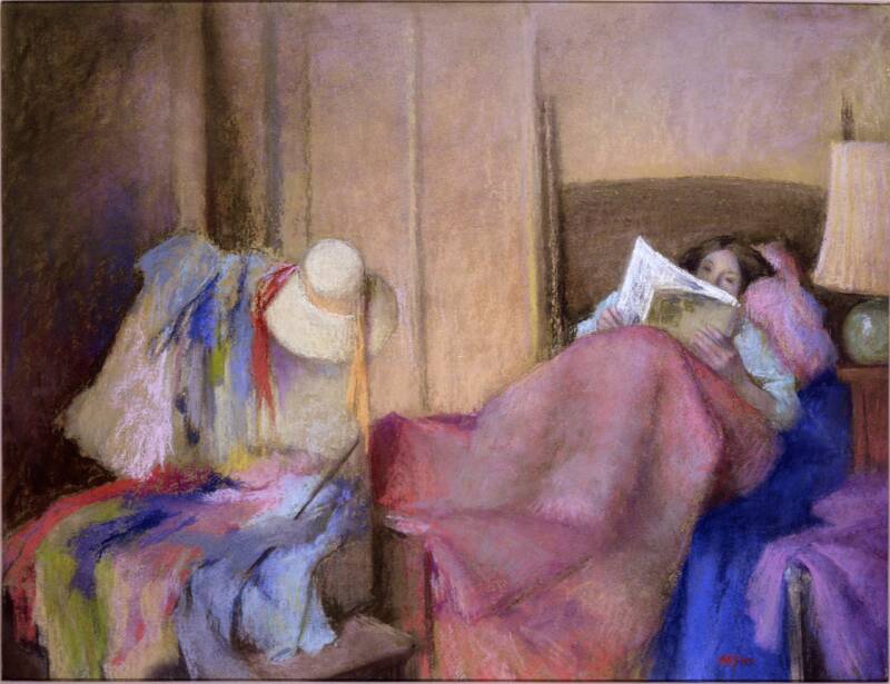 Figure reading in bed with pile of hats and clothes at foot of bed