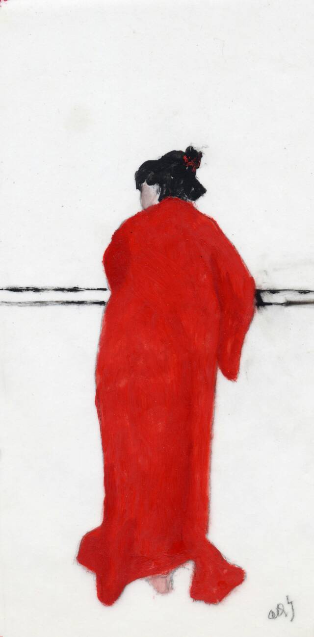 Figure in red kimono facing away leaning on two black horizontal lines