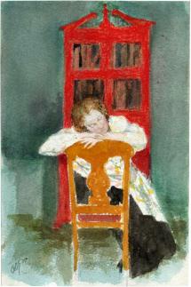 Woman seated on wooden chair, leaning head on chair with red cabinet behind