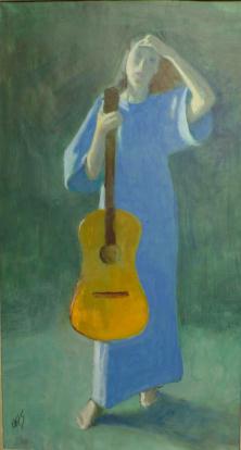 Woman wearing blue dress, pushing hear back, holding guitar