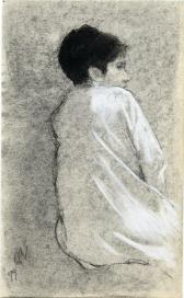 Figure in white dress seated facing right