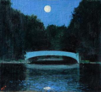 Light blue bridge over lake and trees and moon at top center