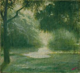 Landscape with trees and water and misty trees