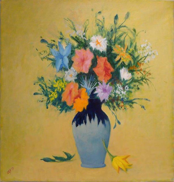 Bouquet of flowers in blue vase on yellow ground