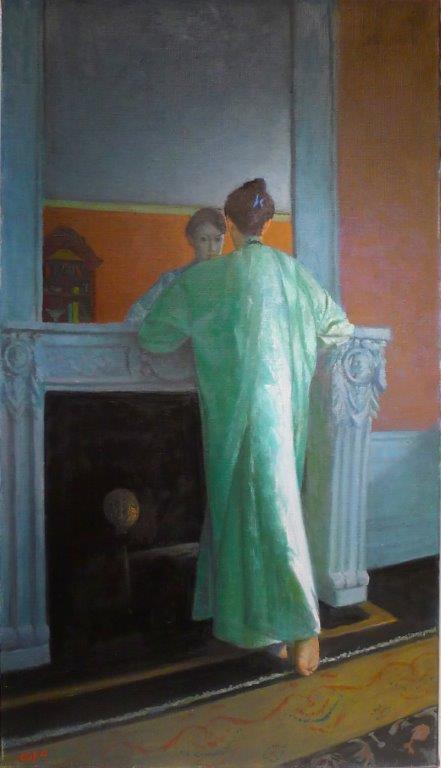 Woman wearing green kimono facing mirror on top of fireplace in orange room