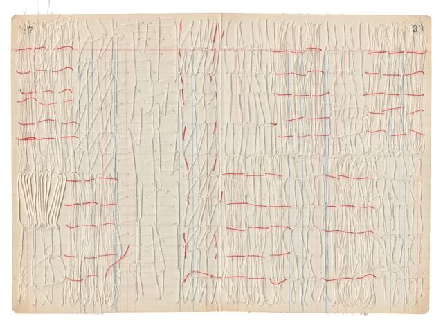 Multicolored abstract shapes and lines of thread on ledger book paper