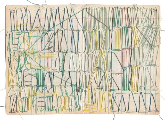 Multicolored abstract shapes and lines of thread on ledger book paper