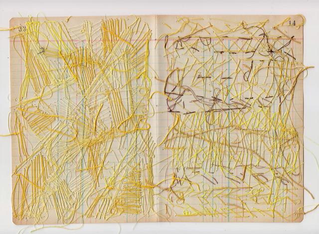 Reverse of left image: multicolored abstract shapes and lines of thread on ledger book paper