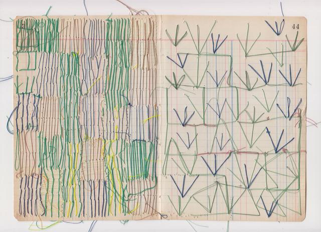 Multicolored abstract shapes and lines of thread on ledger book paper