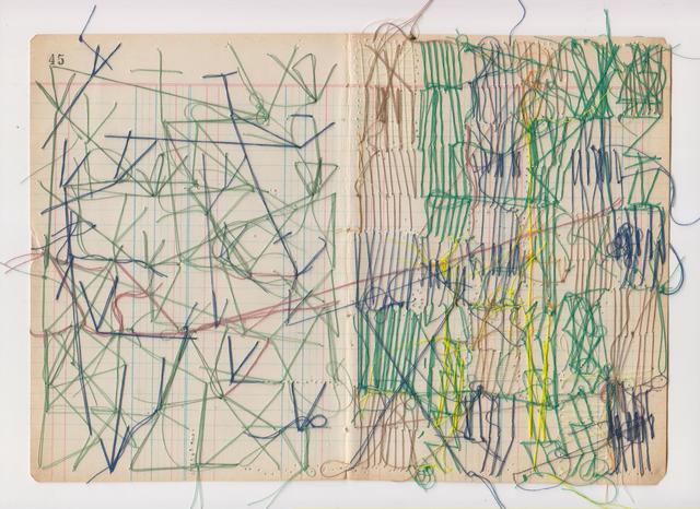 Reverse of left image: multicolored abstract shapes and lines of thread on ledger book paper