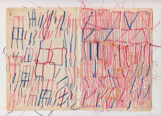 Multicolored abstract shapes and lines of thread on ledger book paper