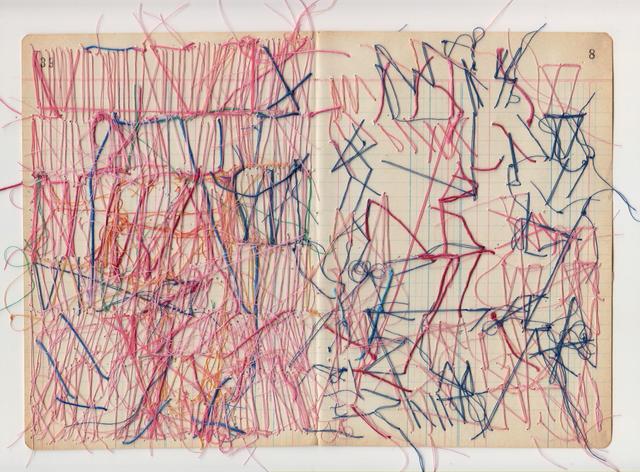 Reverse of left image: multicolored abstract shapes and lines of thread on ledger book paper