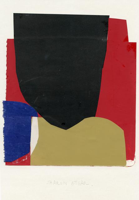 Large black shape at top center above beige shape and blue shape at bottom left on red paper