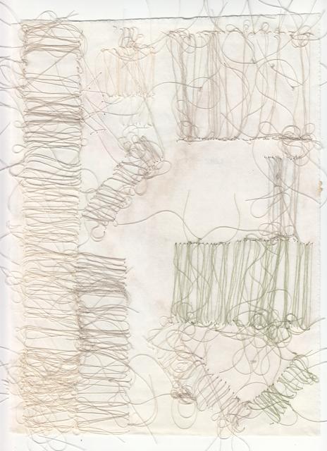 Reverse of left image: multicolored abstract shapes and lines of thread on ledger book paper