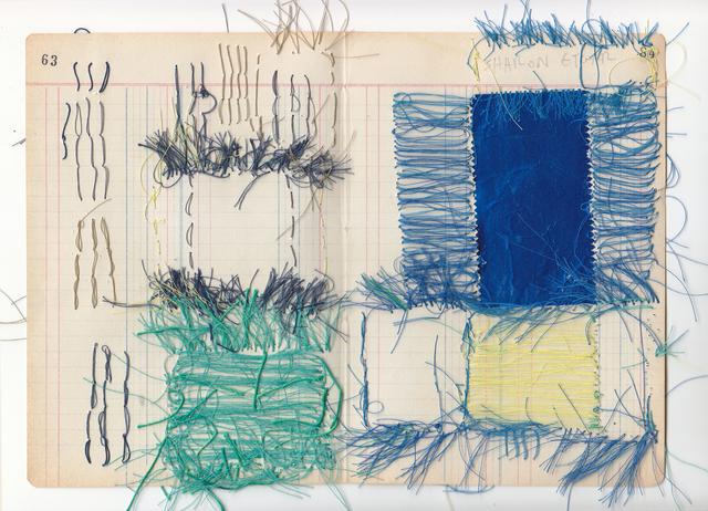 Multicolored abstract shapes and lines of thread on ledger book paper