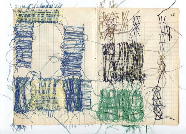 Reverse of left image: multicolored abstract shapes and lines of thread on ledger book paper