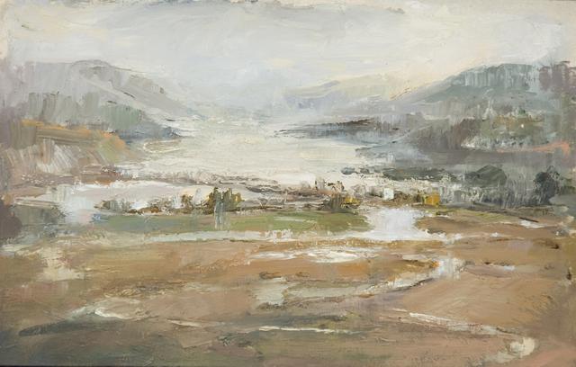 Landscape with mountains and river at center with brown land at bottom
