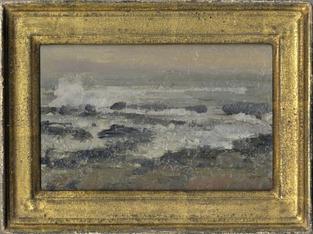 Seascape with white weaves breaking on rocks in gold frame