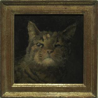 Head of cat with one eye half closed on black ground in gold frame