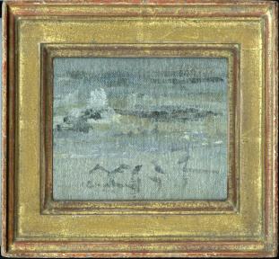 Waves breaking with gulls on beach in gold frame