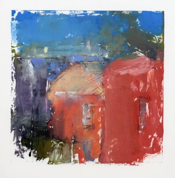 Pink and red houses with purple shape and blue sky at top